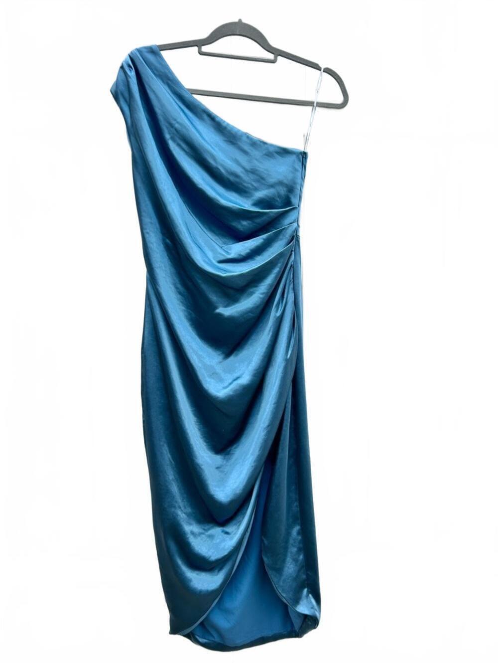 Elliatt One-Shoulder Draped Satin Dress - Denim Blue | Size Medium *minor pulls*